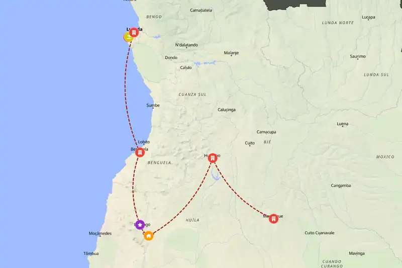 Example Angola itinerary planner route