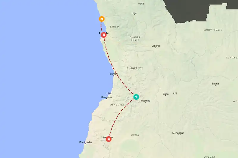 Example Angola itinerary planner route