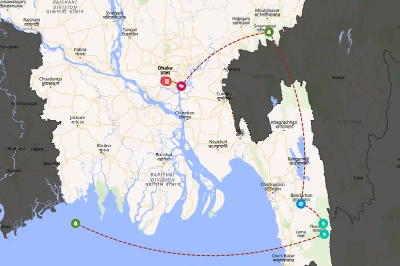 Example Bangladesh itinerary planner route