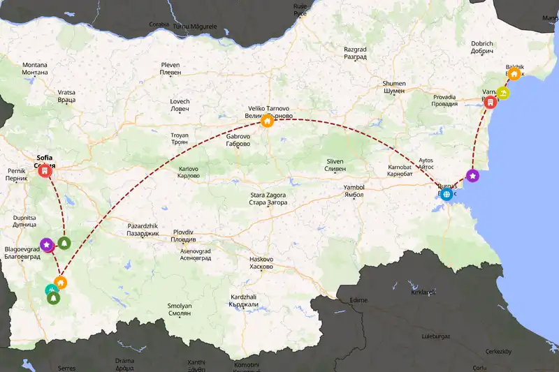 Example Bulgaria itinerary planner route