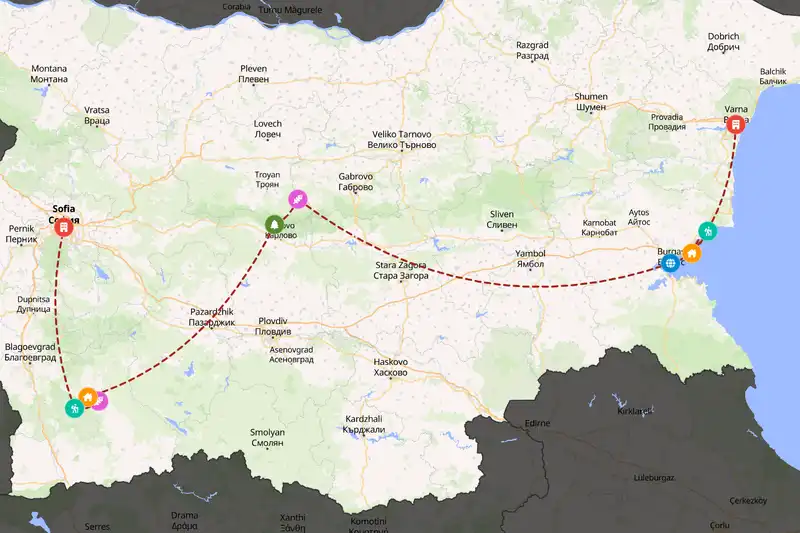 Example Bulgaria itinerary planner route