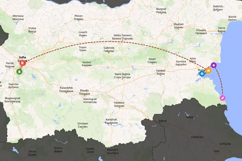 Example Bulgaria itinerary planner route
