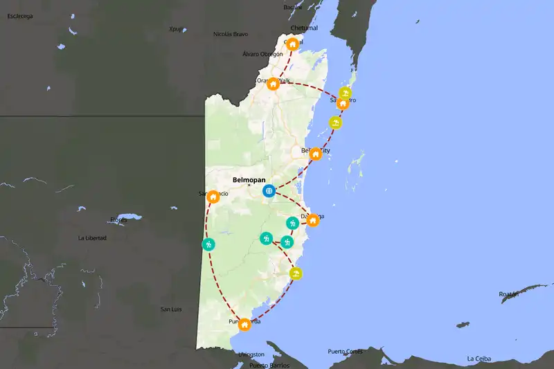 Example Belize itinerary planner route