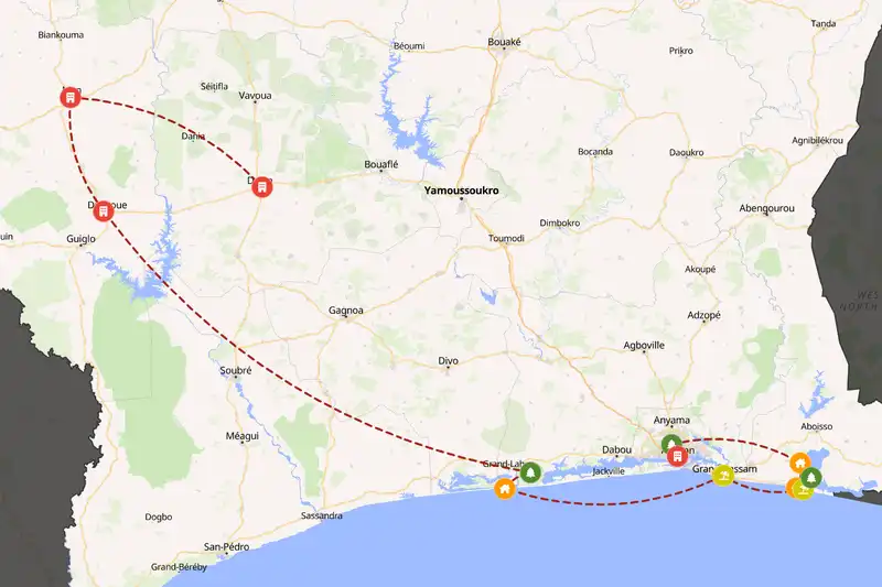 Example Côte d’Ivoire itinerary planner route