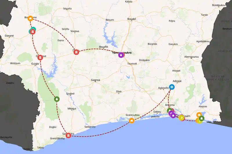 Example Côte d’Ivoire itinerary planner route