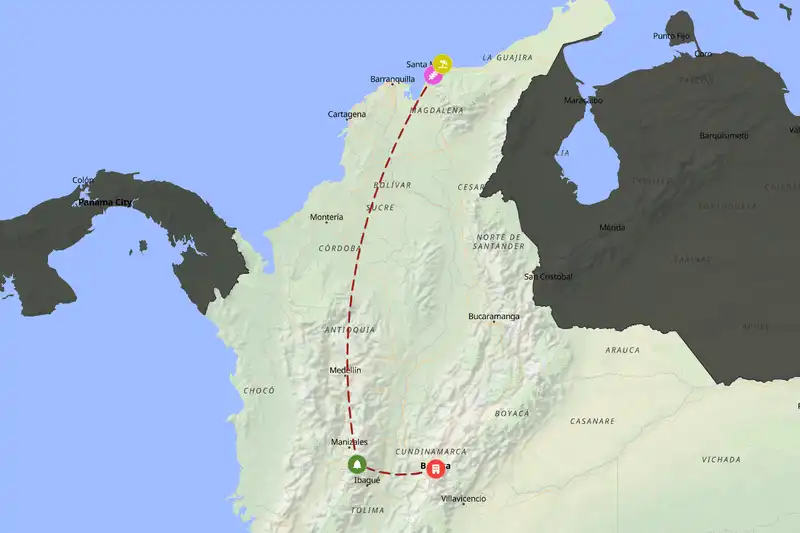 Example Colombia itinerary planner route