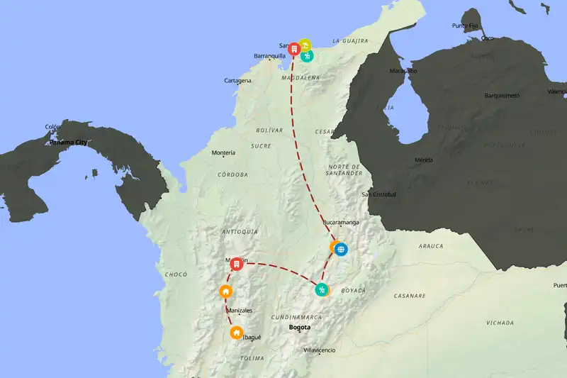 Example Colombia itinerary planner route