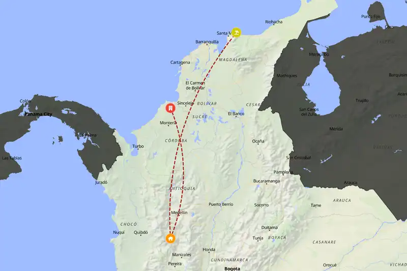 Example Colombia itinerary planner route