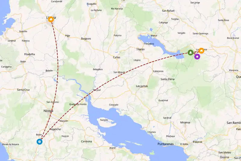 Example Costa Rica itinerary planner route