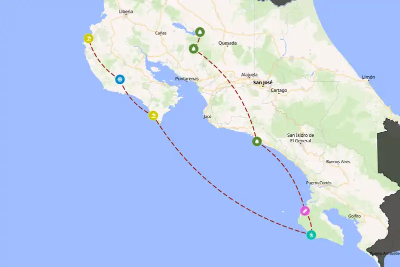 Example Costa Rica itinerary planner route