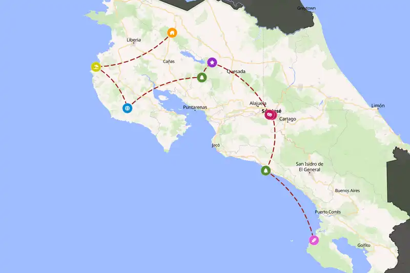 Example Costa Rica itinerary planner route