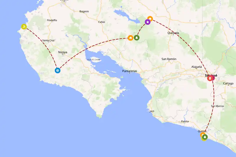 Example Costa Rica itinerary planner route