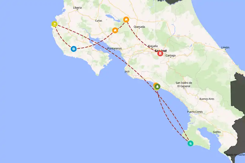 Example Costa Rica itinerary planner route