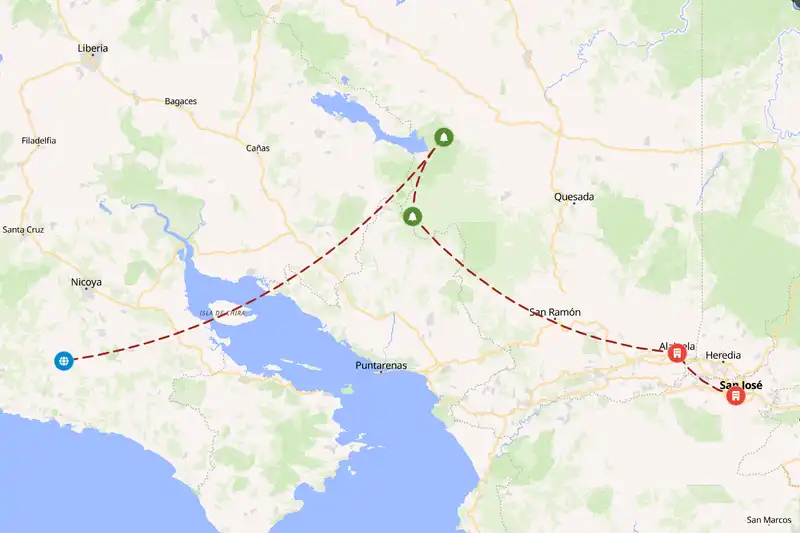 Example Costa Rica itinerary planner route