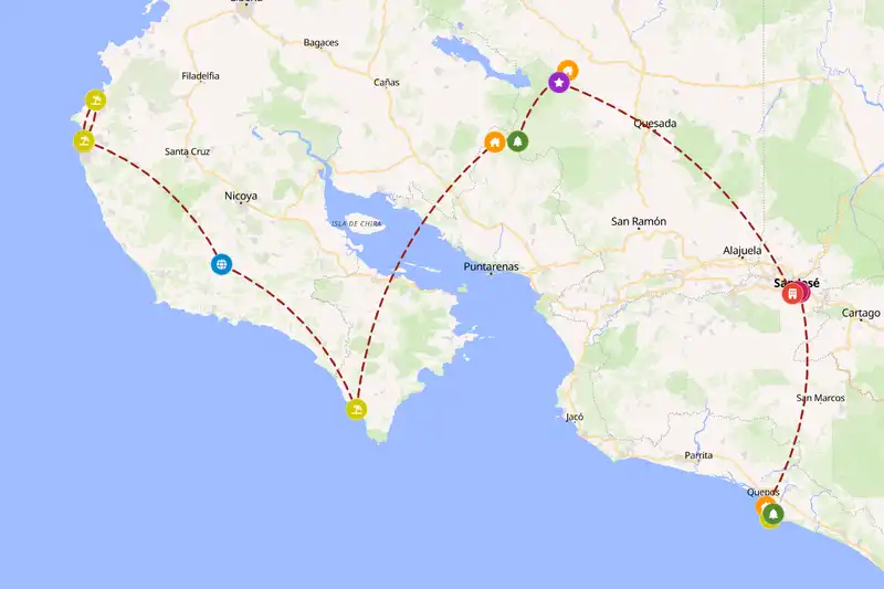 Example Costa Rica itinerary planner route