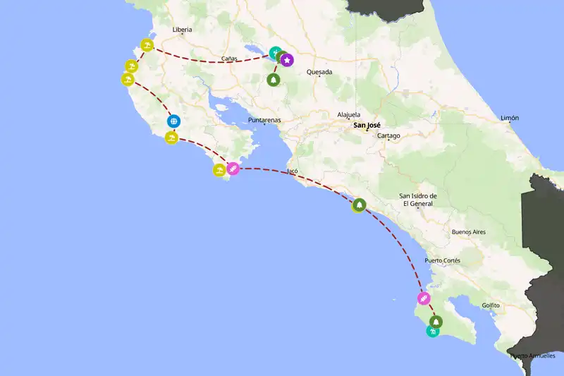 Example Costa Rica itinerary planner route