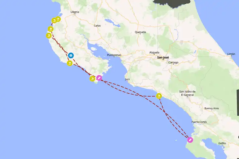 Example Costa Rica itinerary planner route
