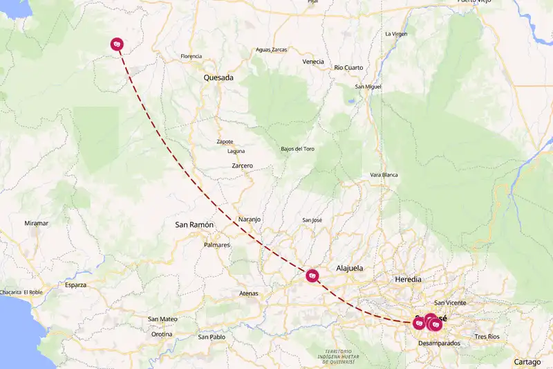 Example Costa Rica itinerary planner route