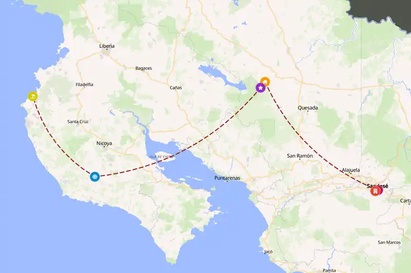 Example Costa Rica itinerary planner route