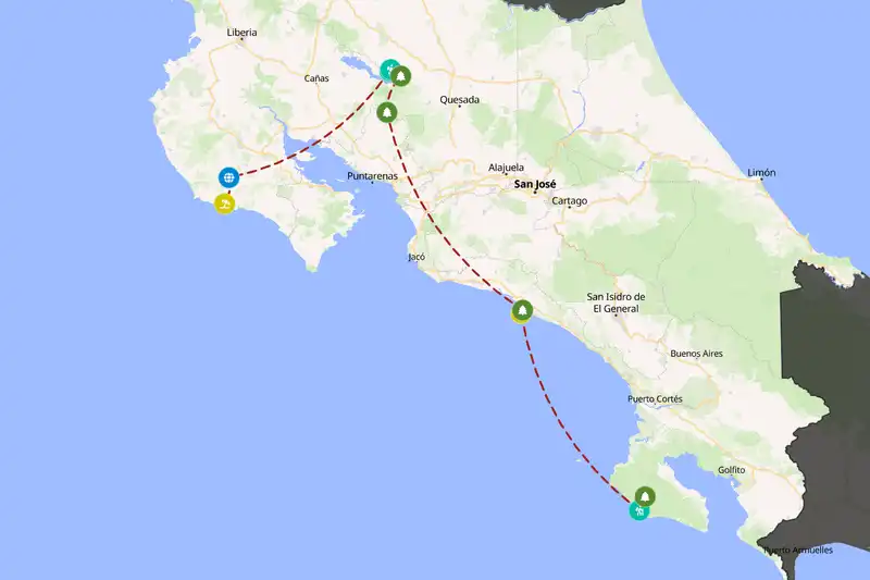 Example Costa Rica itinerary planner route
