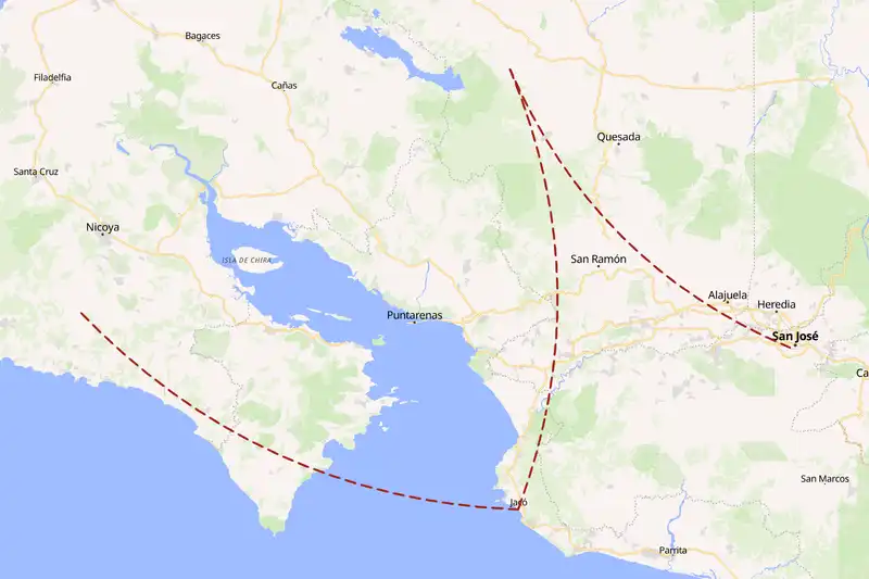 Example Costa Rica itinerary planner route
