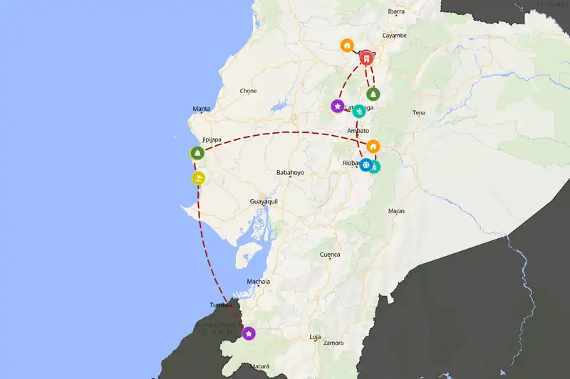 Example Ecuador itinerary planner route