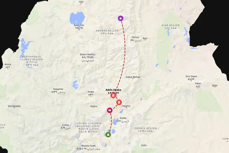 Example Ethiopia itinerary planner route