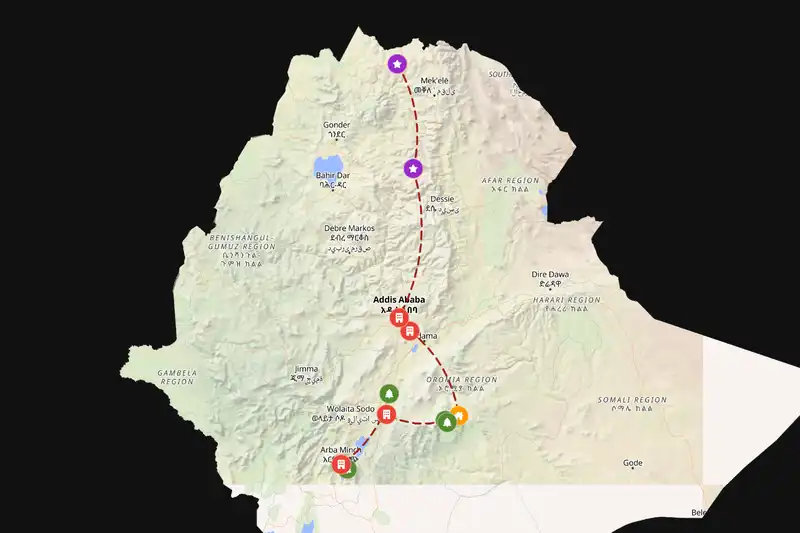 Example Ethiopia itinerary planner route