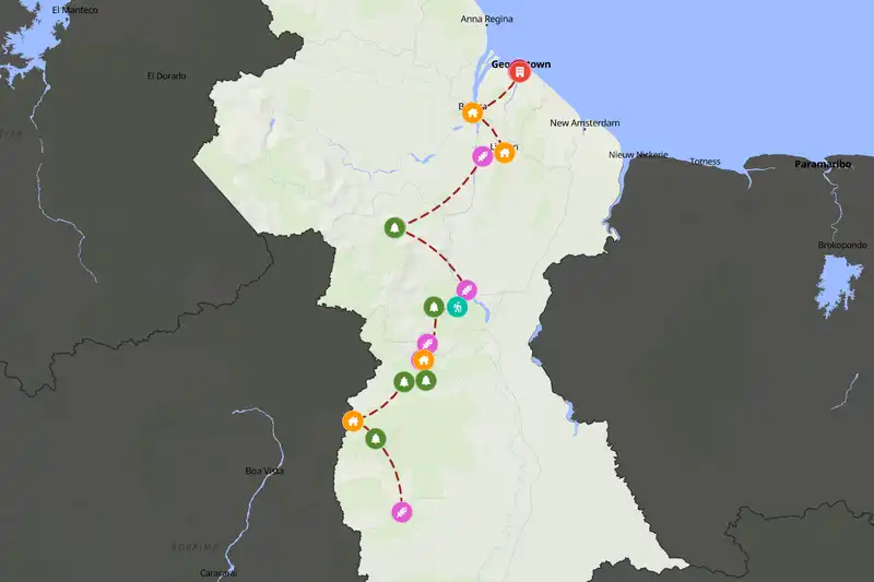 Example Guyana itinerary planner route
