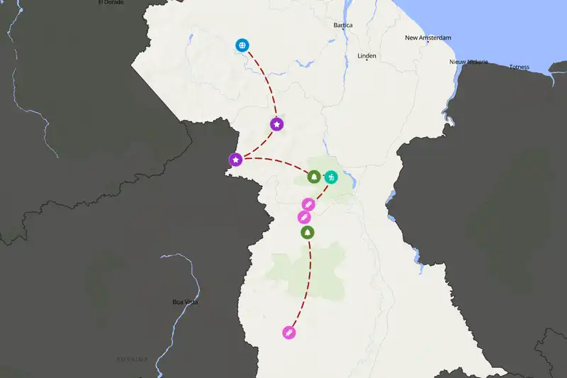 Example Guyana itinerary planner route