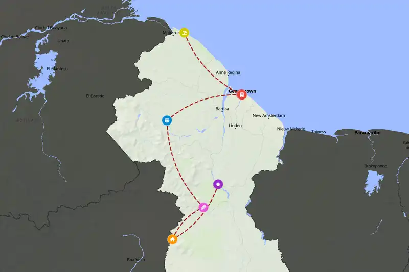 Example Guyana itinerary planner route
