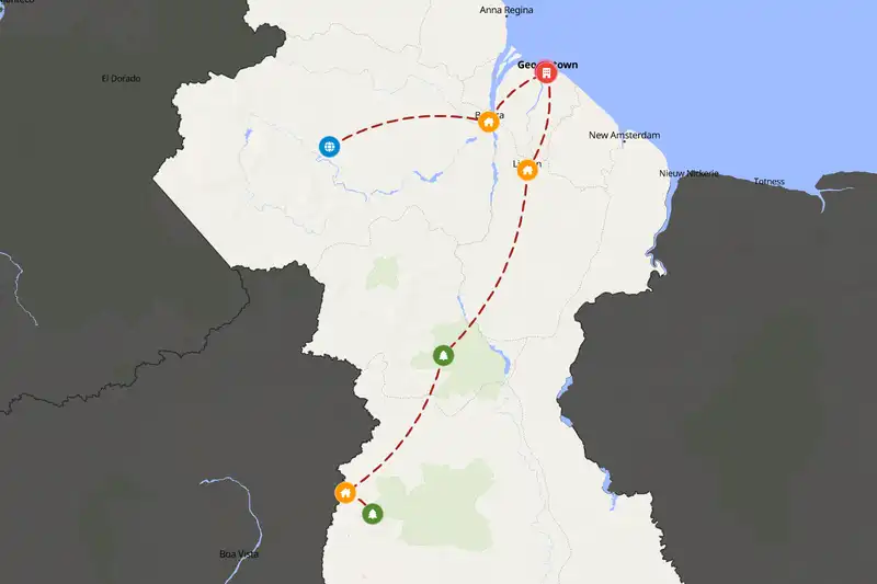Example Guyana itinerary planner route