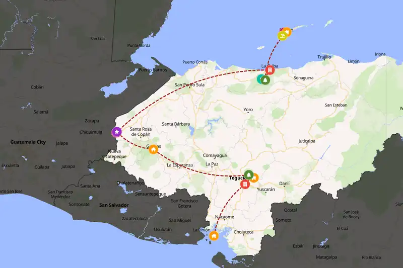 Example Honduras itinerary planner route