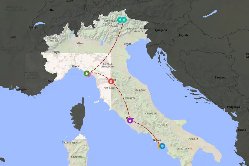 Example Italy itinerary planner route