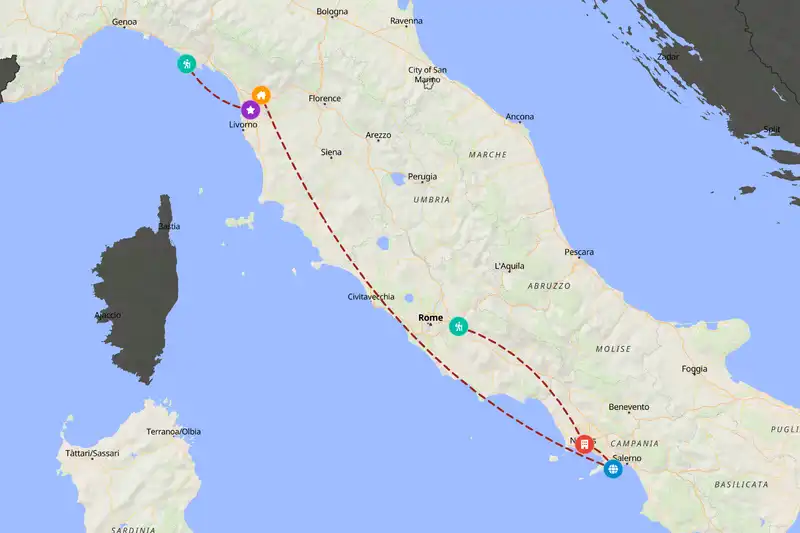 Example Italy itinerary planner route