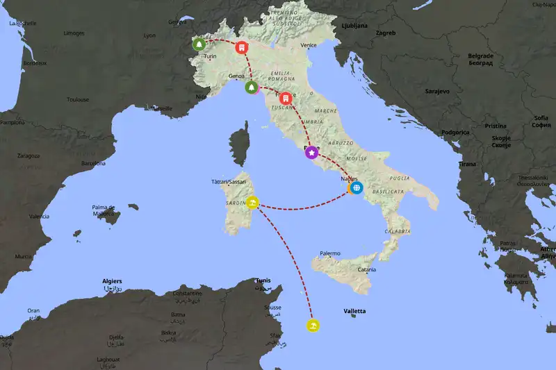 Example Italy itinerary planner route