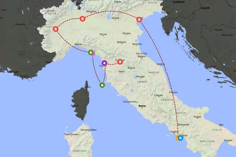 Example Italy itinerary planner route