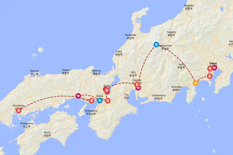 Example Japan itinerary planner route