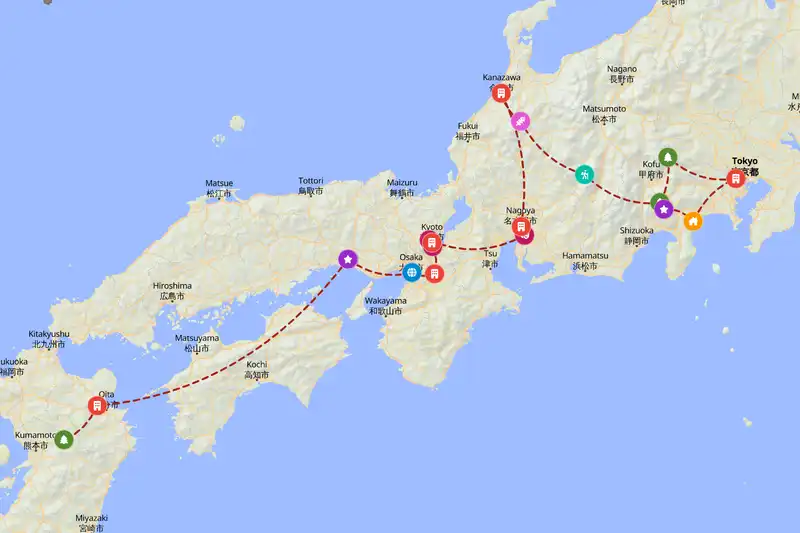Example Japan itinerary planner route