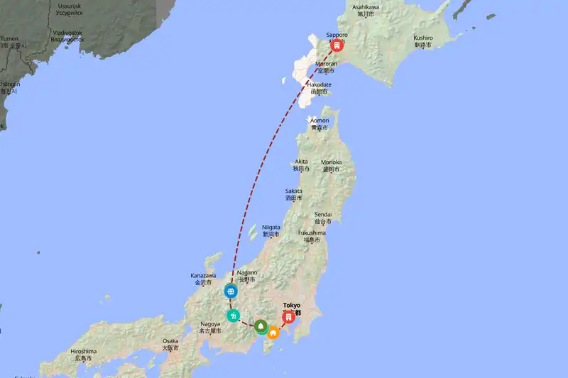 Example Japan itinerary planner route