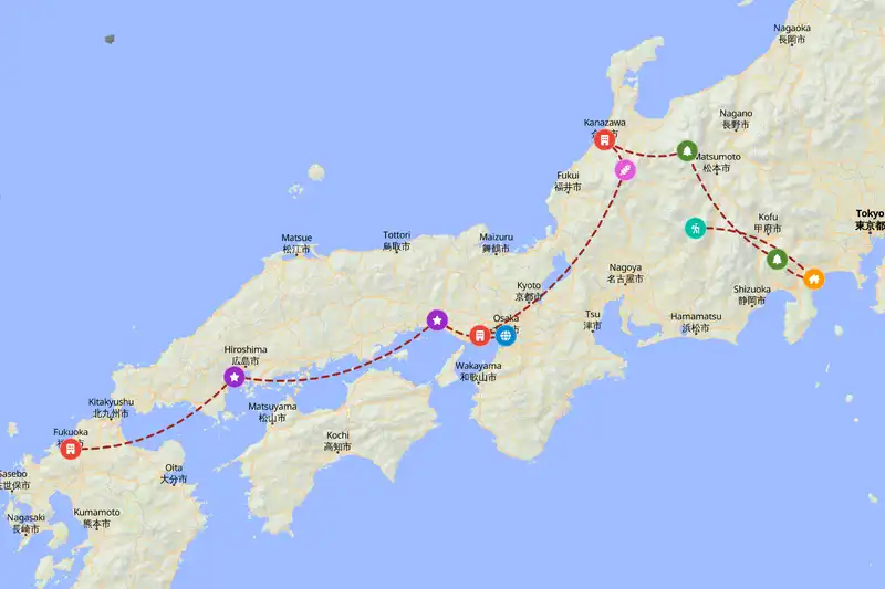 Example Japan itinerary planner route