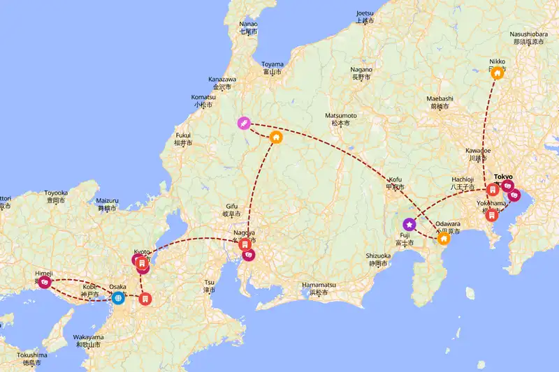 Example Japan itinerary planner route
