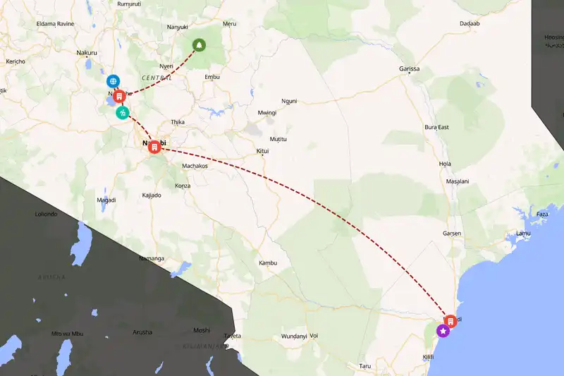 Example Kenya itinerary planner route