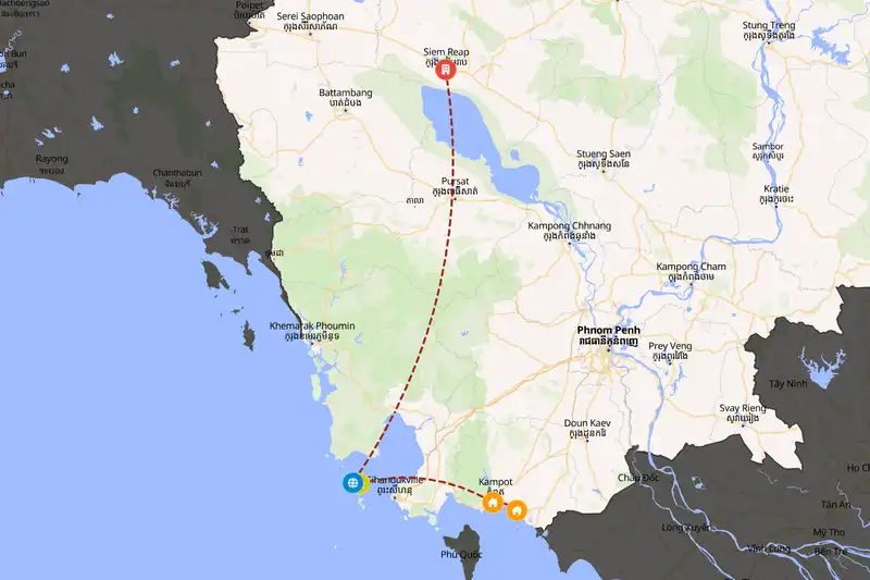Example Cambodia itinerary planner route