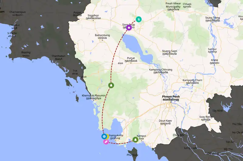 Example Cambodia itinerary planner route