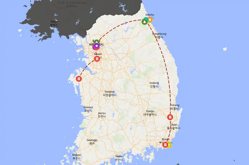 Example South Korea itinerary planner route