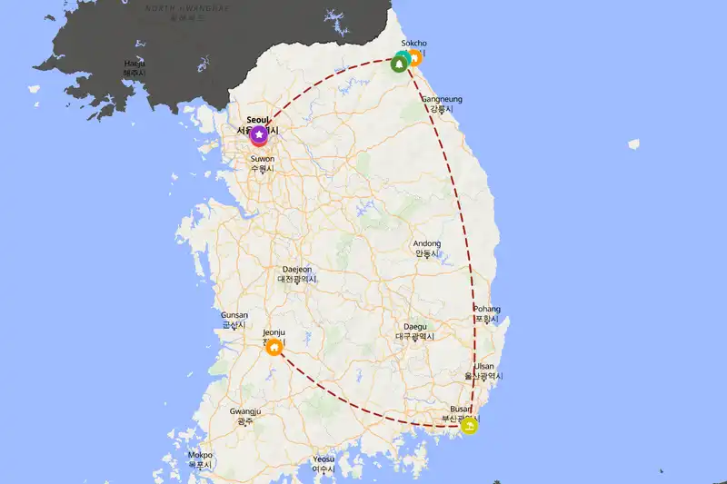 Example South Korea itinerary planner route