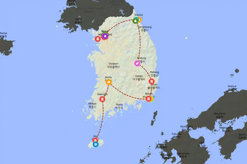 Example South Korea itinerary planner route