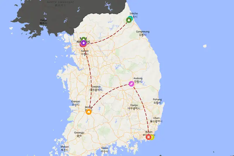 Example South Korea itinerary planner route