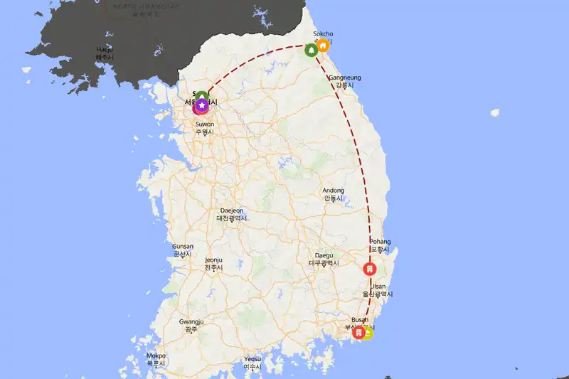 Example South Korea itinerary planner route